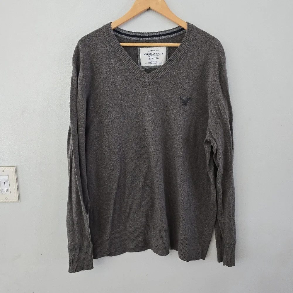 American Eagle Sweater Mens XXL Brown Cotton Vintage Fit Pullover V-Neck Preppy